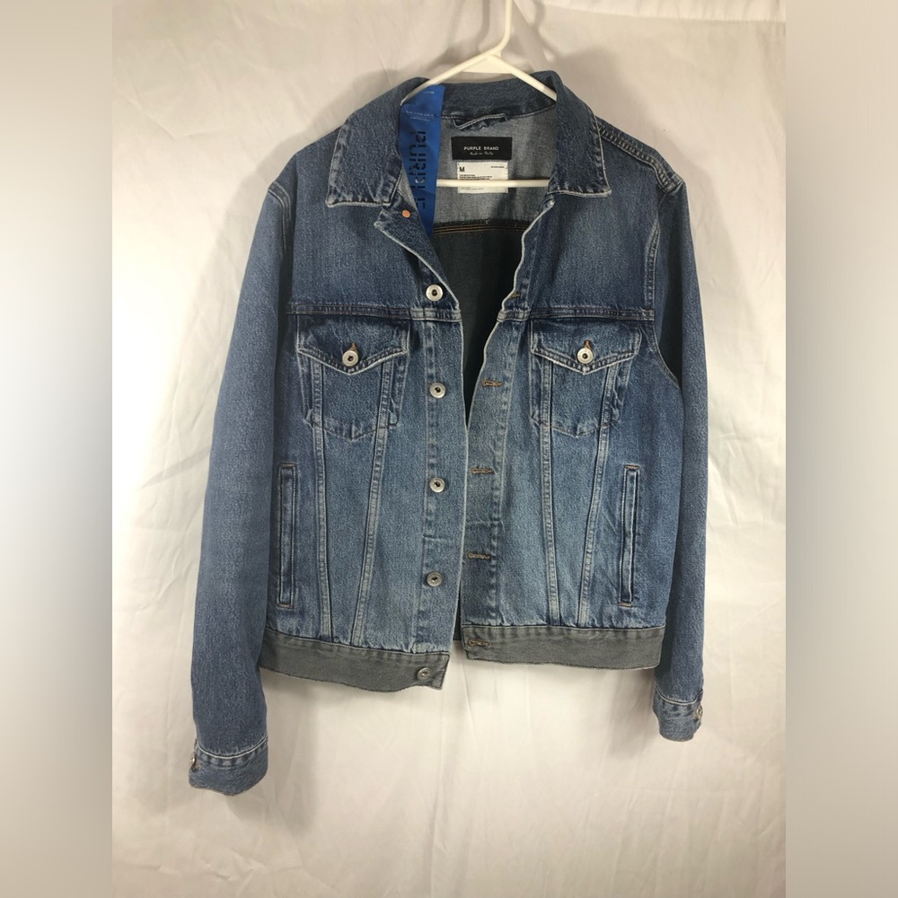 Purple Brand Mens Washed Indigo and Black Framis Fray Denim Jacket size M